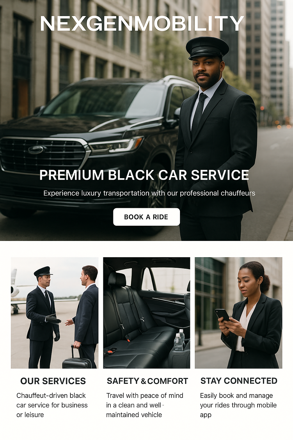Chauffeur in a black suit standing beside a black SUV on a city street, representing Nexgenmobility luxury transportation service